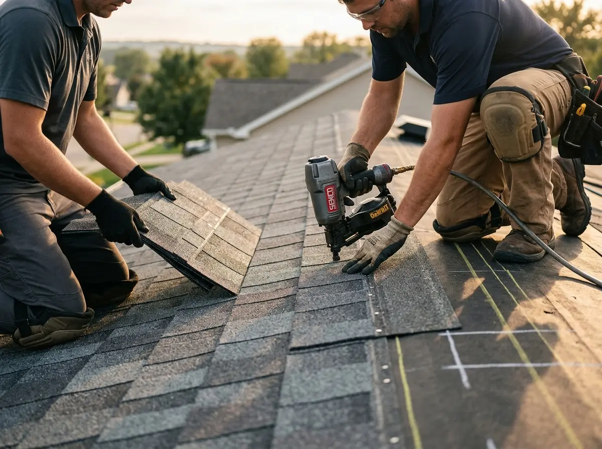 Professional roofer working on a residential roof in Yakima